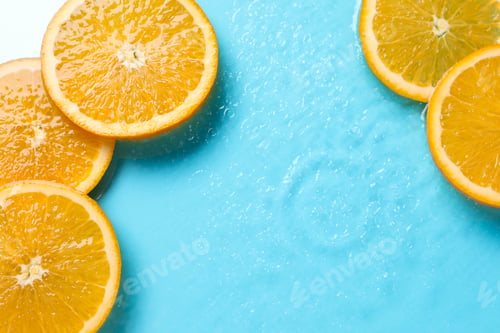 Preview: Orange slices in water on light blue background, flat lay. Space for text