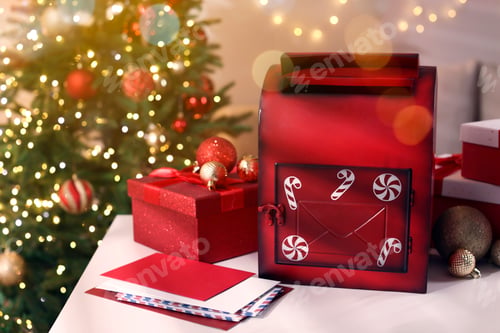 Preview: Santa Claus mailbox, letters, gift boxes and festive decor on white table indoors. Christmas greetin