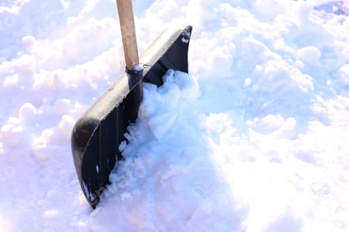 Preview: Snow shovel with wooden handle outdoors, closeup. Space for text