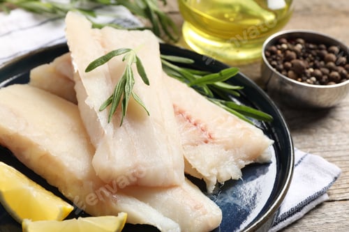 Preview: Pieces of raw cod fish, rosemary and lemon on wooden table, closeup