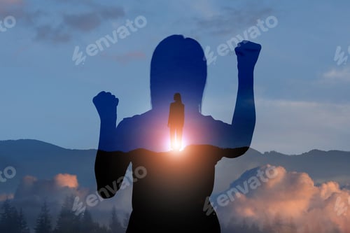 Preview: Hope. Silhouettes of woman and winner on top of mountain at sunrise, double exposure