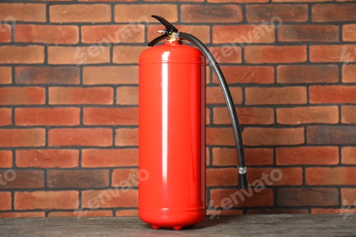 Preview: One red fire extinguisher near brick wall