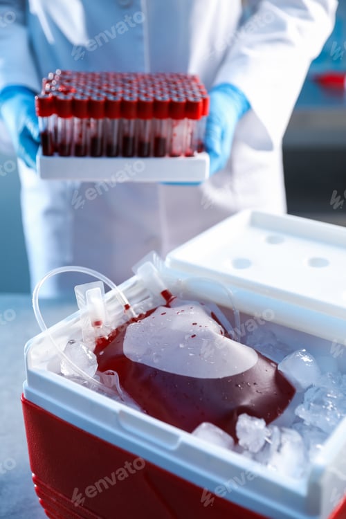 Preview: Portable medical refrigerator and doctor with blood samples indoors, selective focus