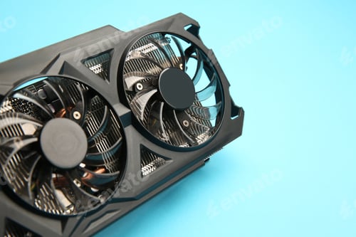 Preview: One graphics card on light blue background, closeup. Space for text