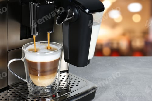 Preview: Making coffee with modern espresso machine on table in cafe. Space for text