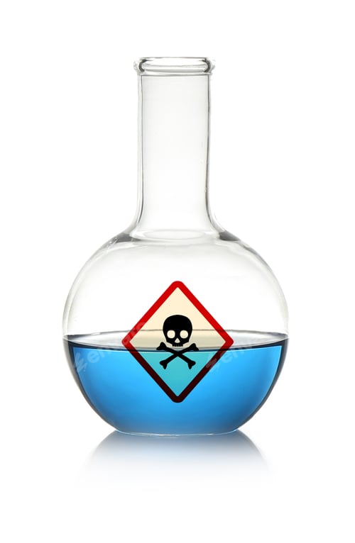 Preview: Poison warning symbol on glass flask with blue liquid against white background
