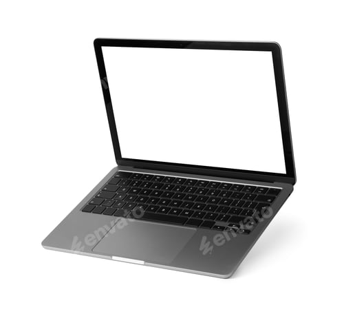 Preview: Modern laptop with blank screen in air isolated on white