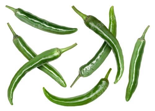 Preview: Green chili peppers flying in air on white background