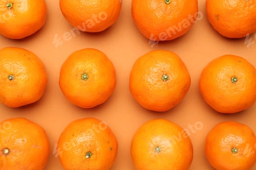 Preview: Fresh tangerines on orange background, flat lay