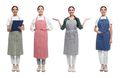 Preview: Woman wearing different aprons on white background. Collection of portraits