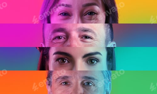 Preview: Women and men in neon lights. Collage with closeup photos of eyes