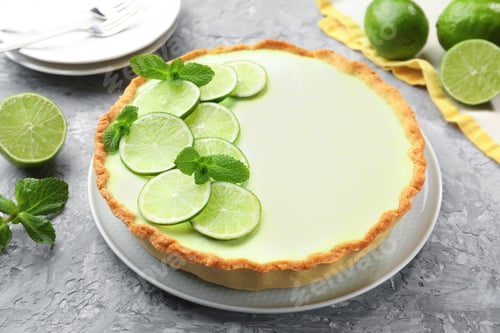 Preview: Tasty lime pie with fruit slices and mint leaves on grey textured table, closeup