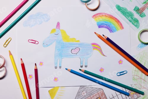 Preview: Beautiful child's drawings and pencils on white background, flat lay