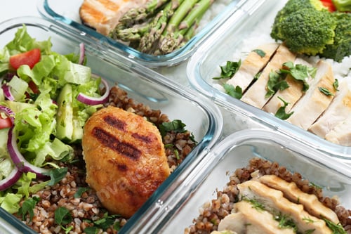Preview: Healthy food. Different meals in glass containers on table, closeup