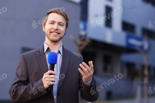 Preview: Professional journalist with microphone near building outdoors, space for text