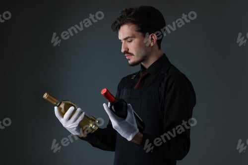 Vorschau: Professioneller Sommelier mit Weinflaschen auf grauem Hintergrund