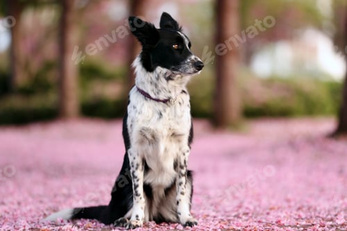 Preview: Cute Border Collie dog in park with beautiful blossoming trees