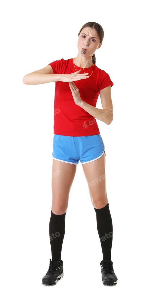 Preview: Referee showing time out gesture and blowing whistle on white background