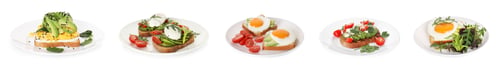 Preview: Tasty avocado toasts for breakfast isolated on white, set