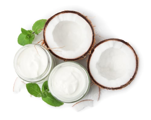 Preview: Delicious coconut yogurt in glass jars, mint leaves and fruits isolated on white, top view