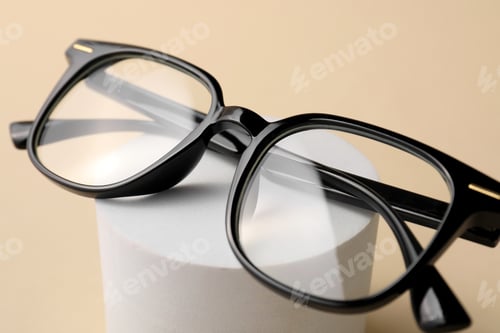 Preview: Stylish presentation of eyeglasses on beige background, closeup