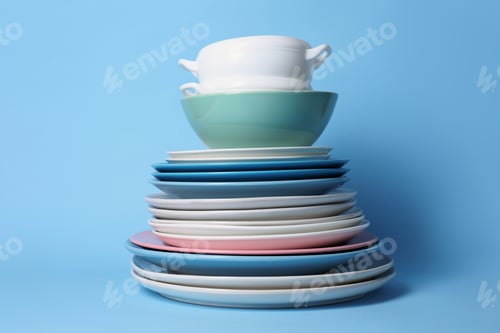 Preview: Clean dishes on light blue background, closeup