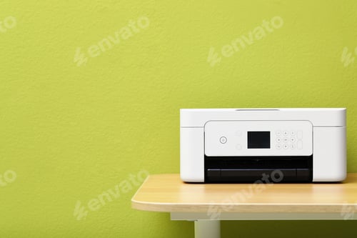 Preview: One white printer on wooden table near green wall indoors. Space for text