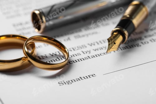 Preview: Marriage contract, gold rings and pen on table, closeup