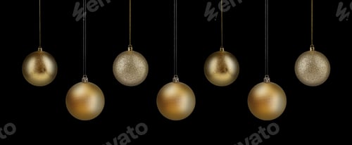 Preview: Golden Christmas balls on black background. Banner design