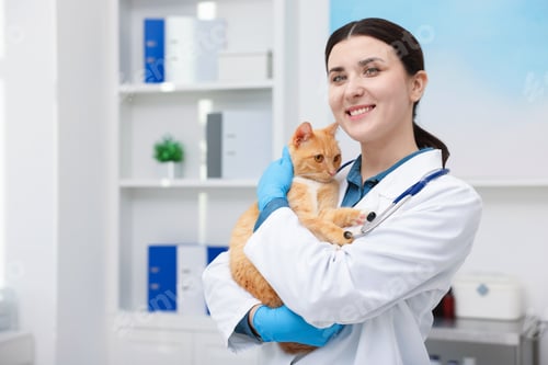 Preview: Professional veterinarian with cute ginger cat in clinic. Space for text