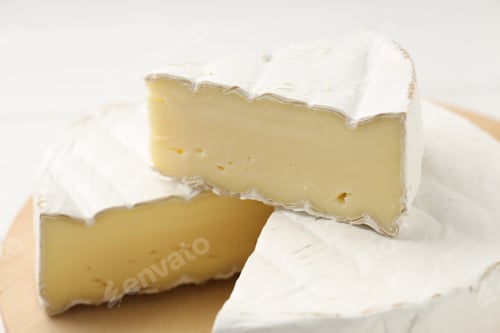 Preview: Cut delicious brie cheese on white table, closeup