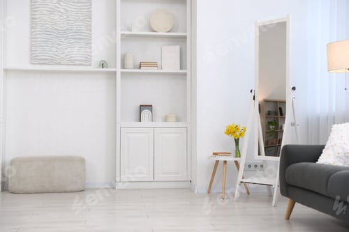 Preview: Stylish full length mirror near sofa indoors, space for text. Interior design