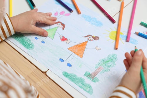 Preview: Little boy drawing with pencil at table, closeup