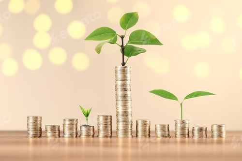 Preview: Savings concept. Stacked coins and green sprouts against beige background, bokeh effect