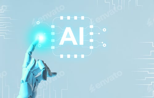 Preview: Robotic hand touching virtual AI microchip against grey background. Artificial intelligence technolo