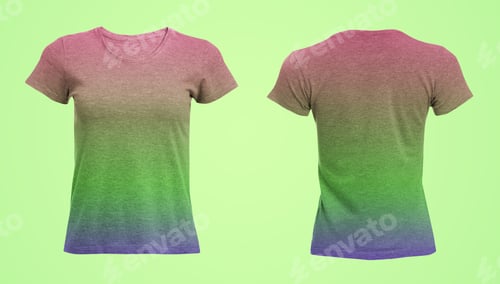Preview: Gradient t-shirt on light green background, collage. Front and back view