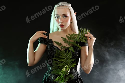 Preview: Beautiful elf girl with floral decor on black background with smoke