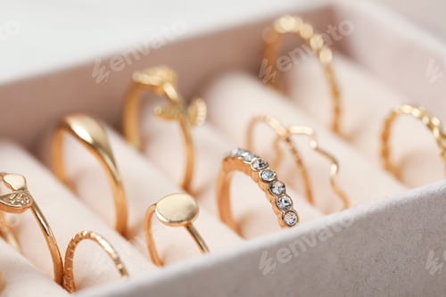 Preview: Stylish gold rings in beige box, selective focus