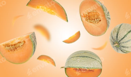 Preview: Tasty ripe Cantaloupe melons swirling in air against orange gradient background