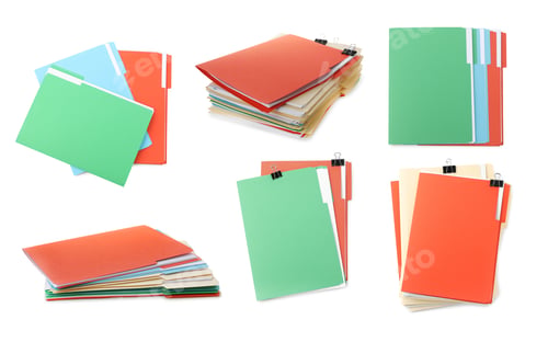 Preview: Documents in colorful file folders with binder clips isolated on white, set