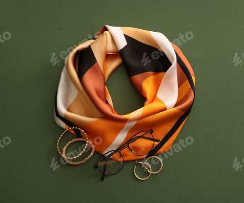 Preview: Stylish handkerchief, glasses and other accessories on dark green background, flat lay