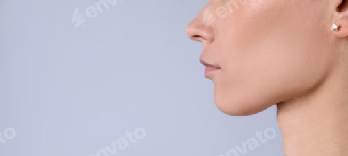 Preview: Woman on grey background, closeup. Space for text