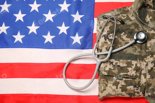 Preview: Stethoscope and military uniform on USA flag, top view