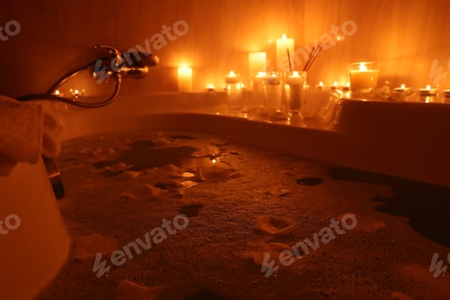 Preview: Romantic atmosphere. Bathtub with burning candles and petals in bathroom, closeup
