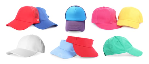 Preview: Baseball and visor caps in different colors isolated on white, set