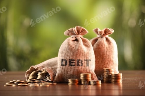 Preview: Debt. Bags and coins on wooden table against blurred green background