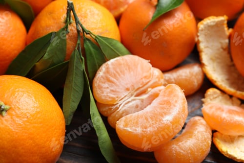 Preview: Fresh tangerines and green leaves on wooden table, closeup