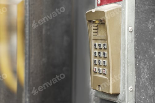 Preview: Modern intercom system on building outdoors, closeup. Space for text