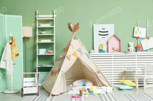 Preview: Cute wigwam and toys in stylish child's room