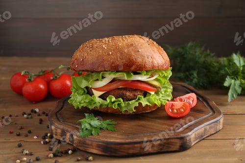 Preview: Delicious vegetarian burger served on wooden table